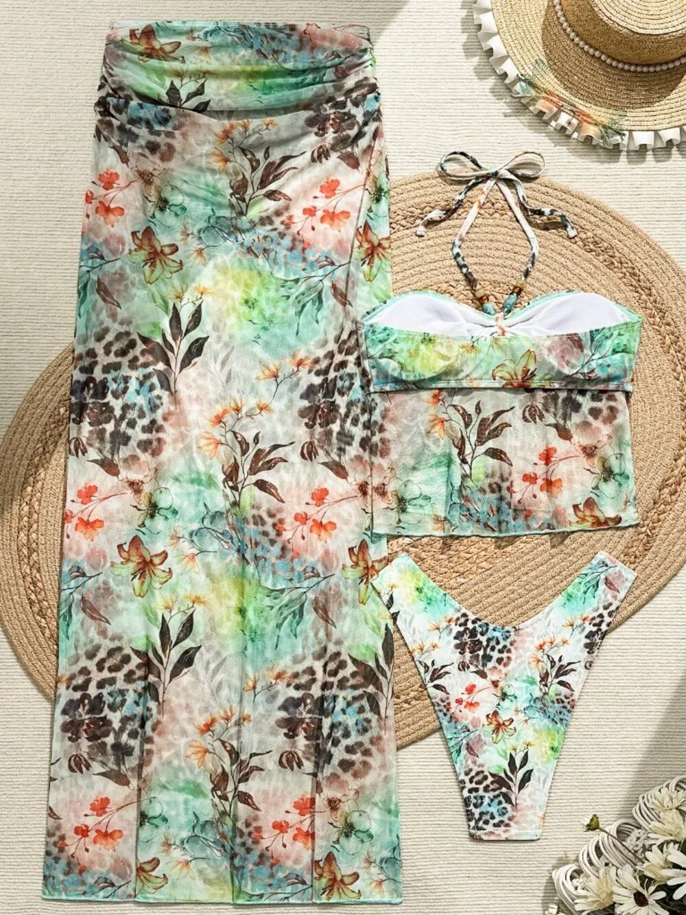 Multicolor Boho Women's Floral Leopard Print Semi-Sheer 3-Piece Set